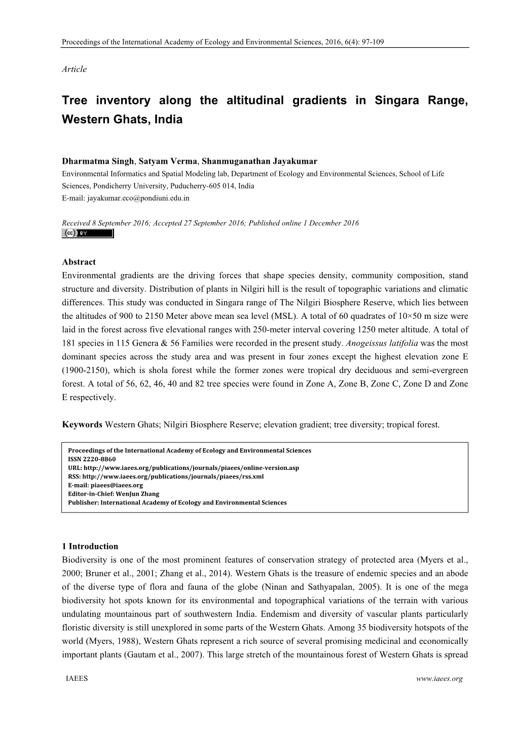 Tree Inventory Along the Altitudinal Gradients in Singara Range, Western Ghats, India