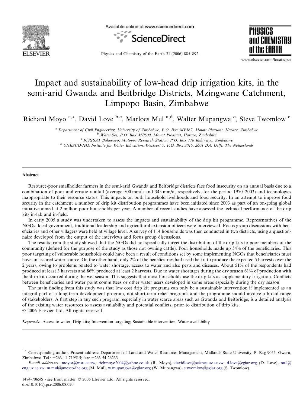 Impact and Sustainability of Low-Head Drip Irrigation Kits, in the Semi-Arid Gwanda and Beitbridge Districts, Mzingwane Catchment, Limpopo Basin, Zimbabwe