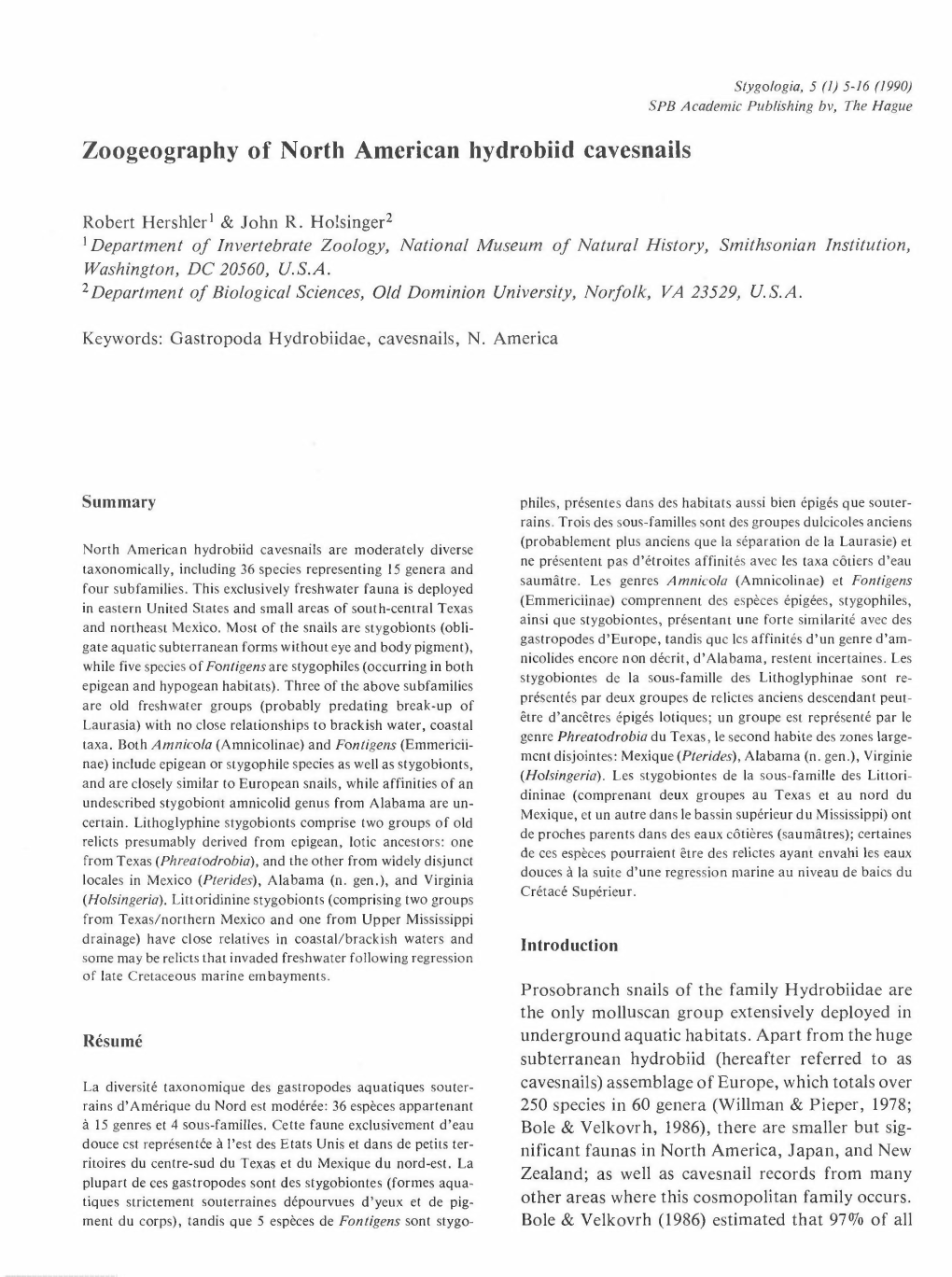 Zoogeography of North American Hydrobiid Cavesnails