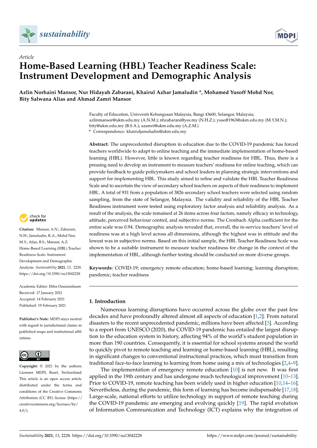 Home-Based Learning (HBL) Teacher Readiness Scale: Instrument Development and Demographic Analysis