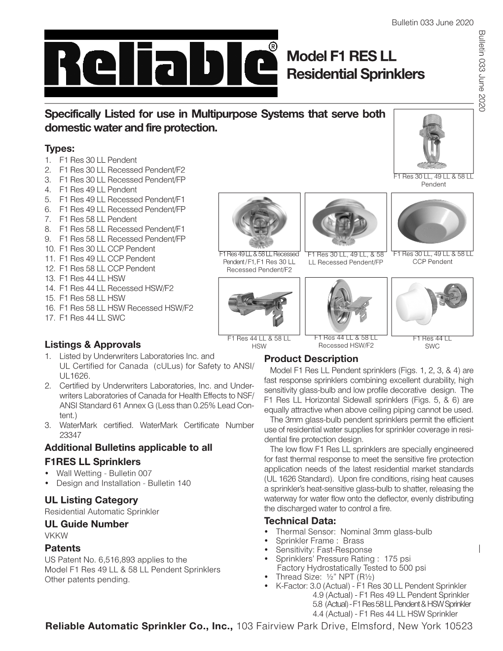 Model F1 RES LL Residential Sprinklers