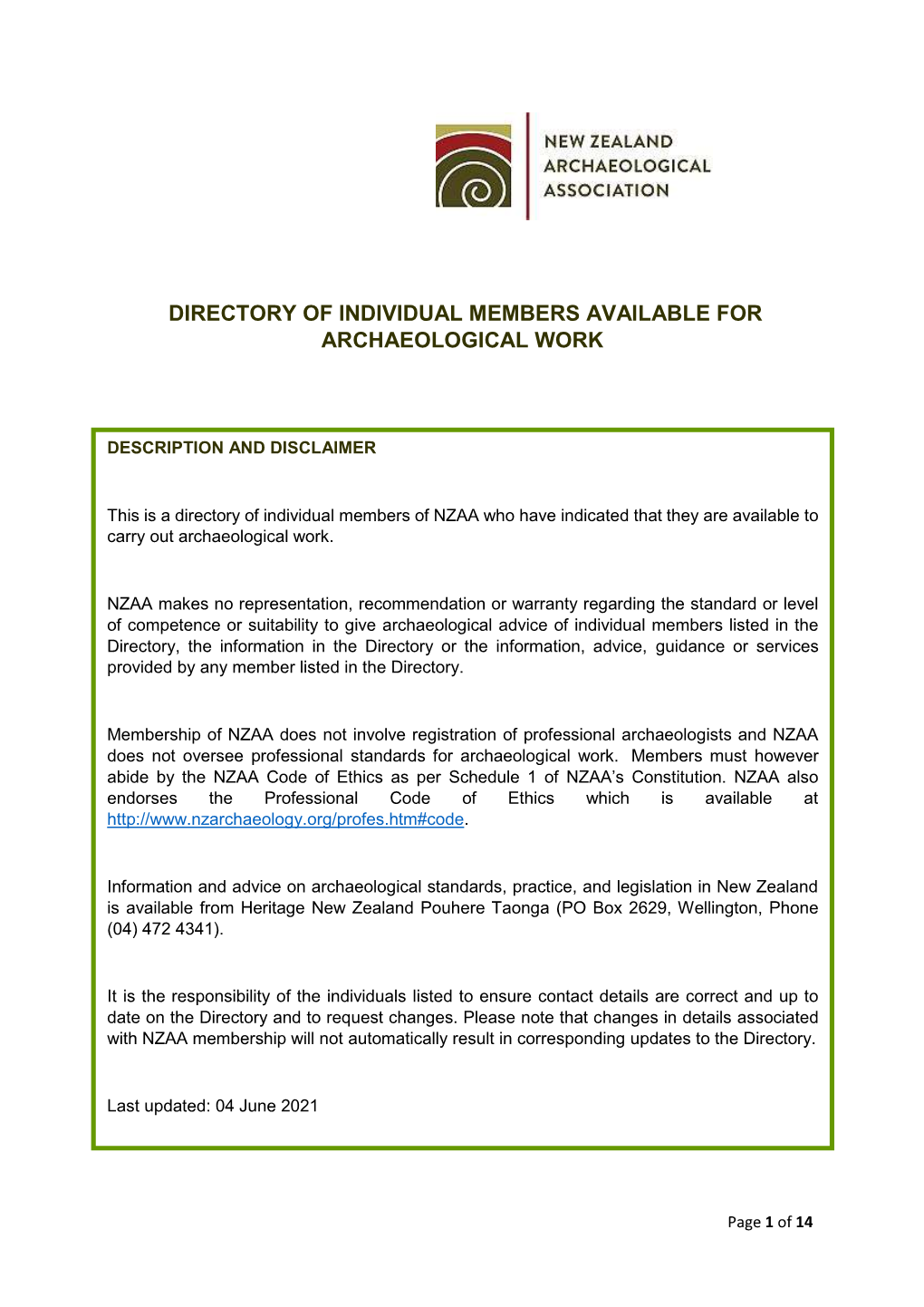 Directory of Individual Members Available for Archaeological Work