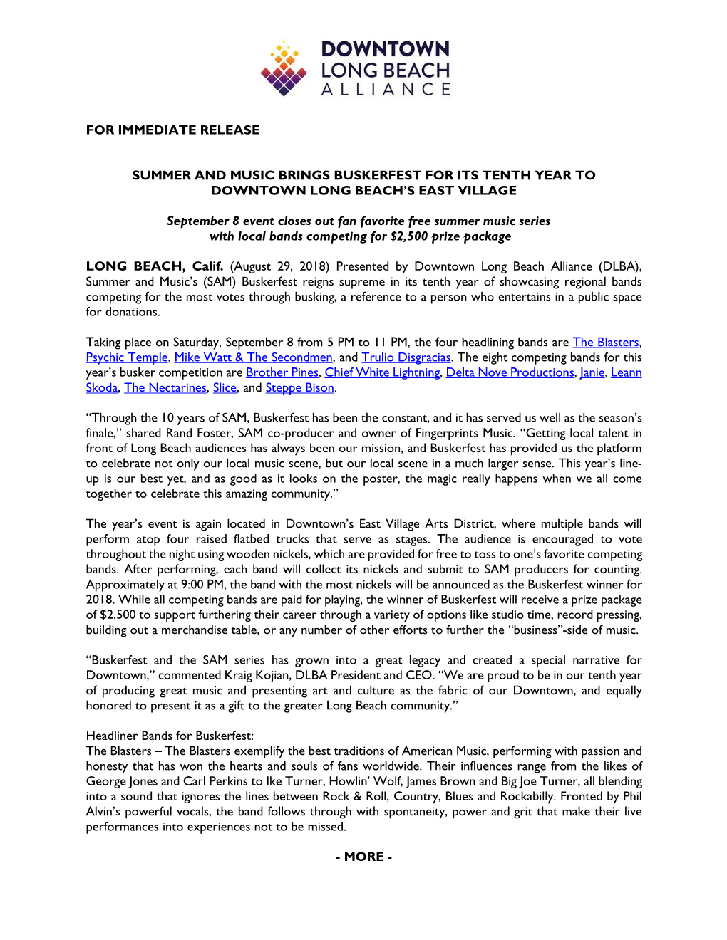 FOR IMMEDIATE RELEASE SUMMER and MUSIC BRINGS BUSKERFEST for ITS TENTH YEAR to DOWNTOWN LONG BEACH's EAST VILLAGE September 8