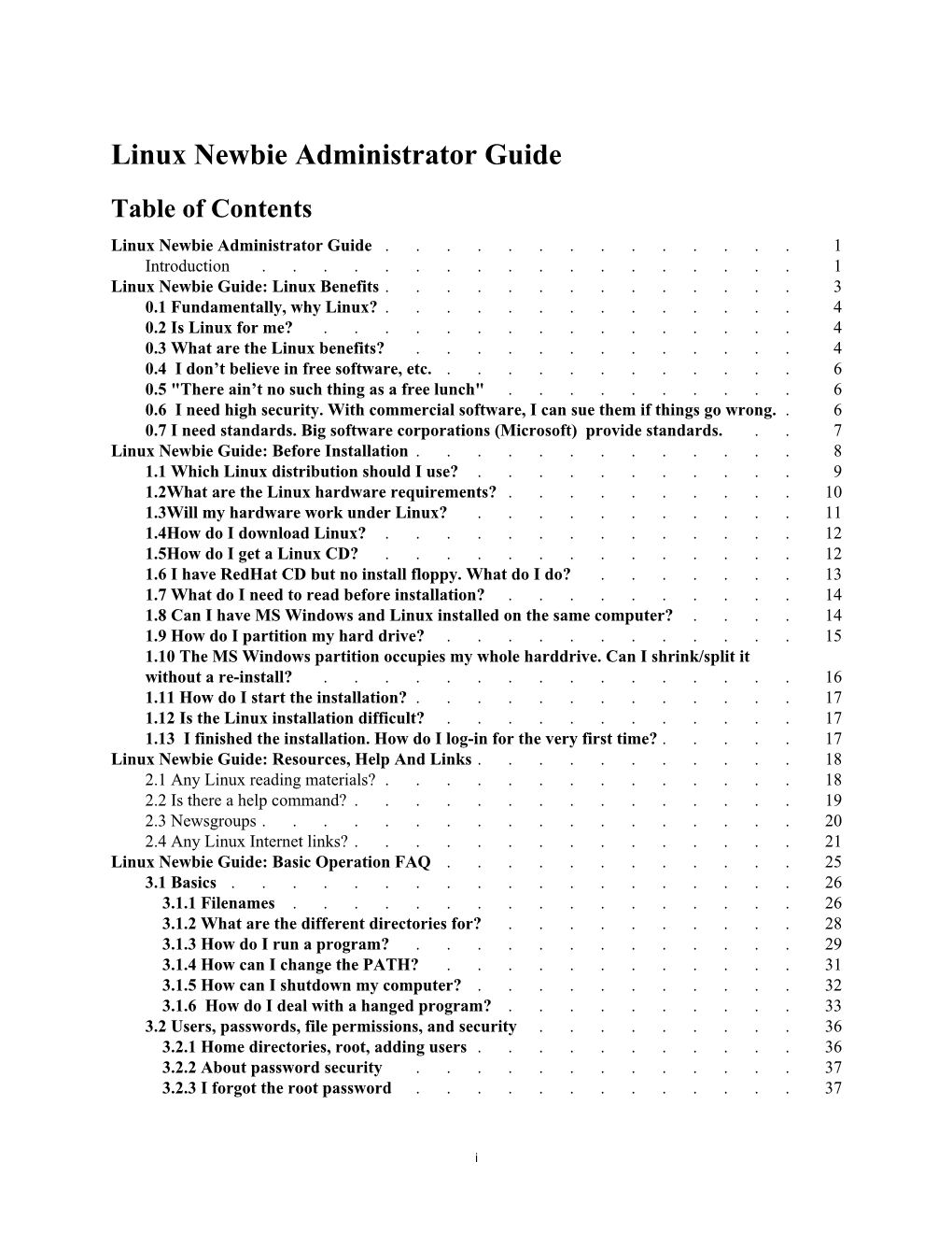 Linux Newbie Administrator Guide Table of Contents Linux Newbie Administrator Guide