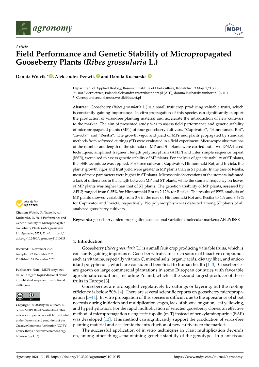 Field Performance and Genetic Stability of Micropropagated Gooseberry Plants (Ribes Grossularia L.)