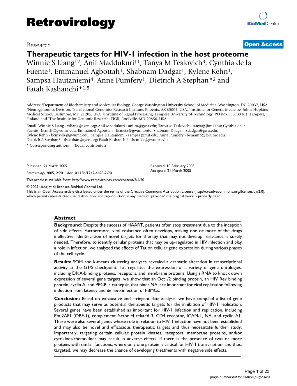 Therapeutic Targets for HIV-1 Infection in the Host Proteome