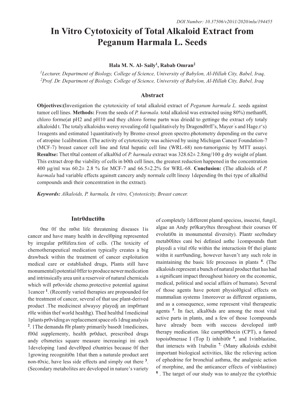 In Vitro Cytotoxicity of Total Alkaloid Extract from Peganum Harmala L