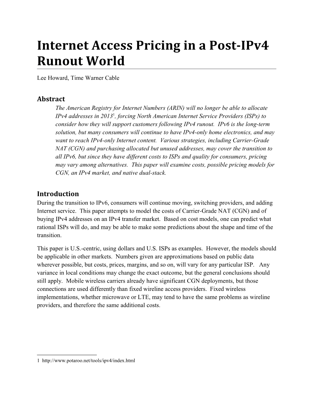 Internet Access Pricing in a Post-Ipv4 Runout World