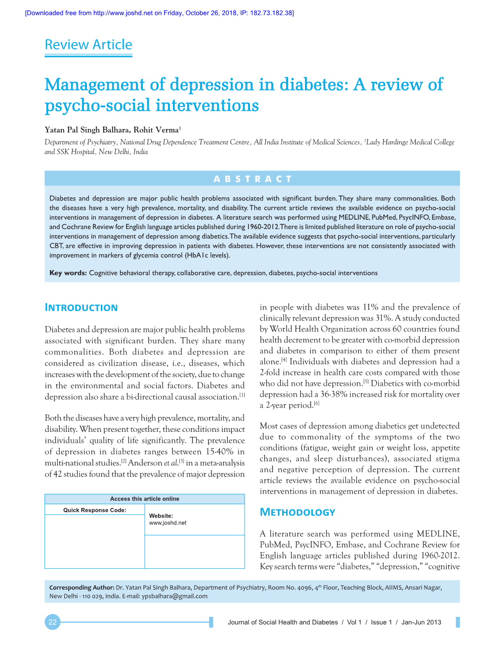 Management of Depression in Diabetes: a Review of Psycho‑Social Interventions