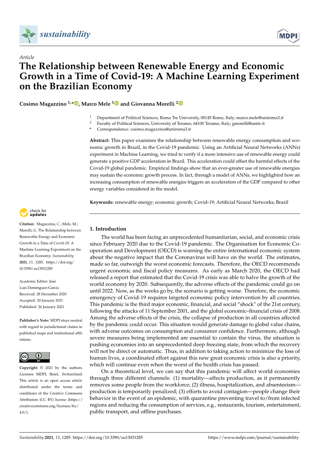 The Relationship Between Renewable Energy and Economic Growth in a Time of Covid-19: a Machine Learning Experiment on the Brazilian Economy