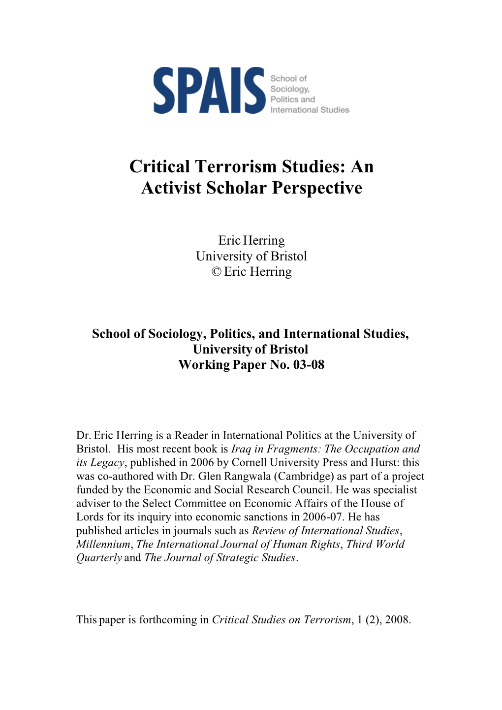 Critical Terrorism Studies: an Activist Scholar Perspective