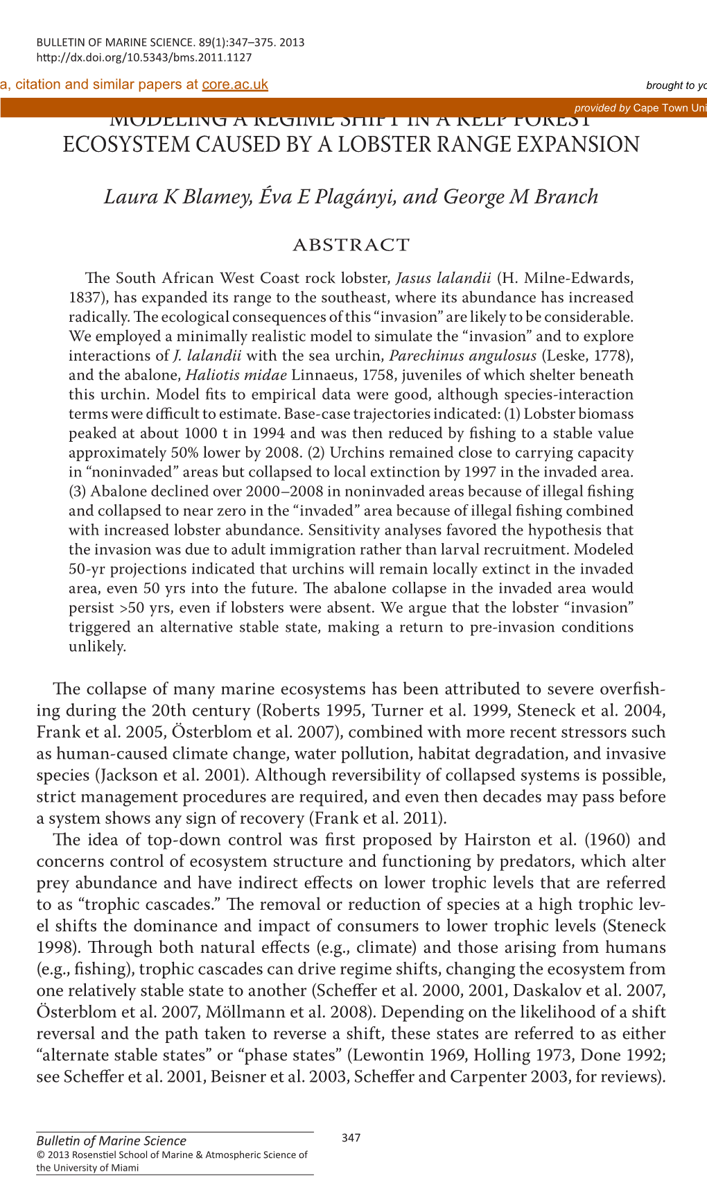 Modeling a Regime Shift in a Kelp Forest Ecosystem Caused by a Lobster Range Expansion