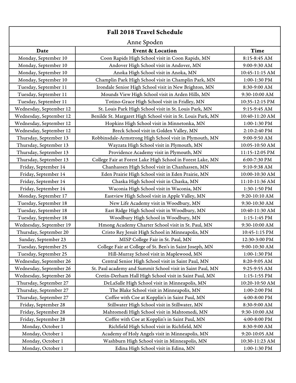 Fall 2018 Travel Schedule
