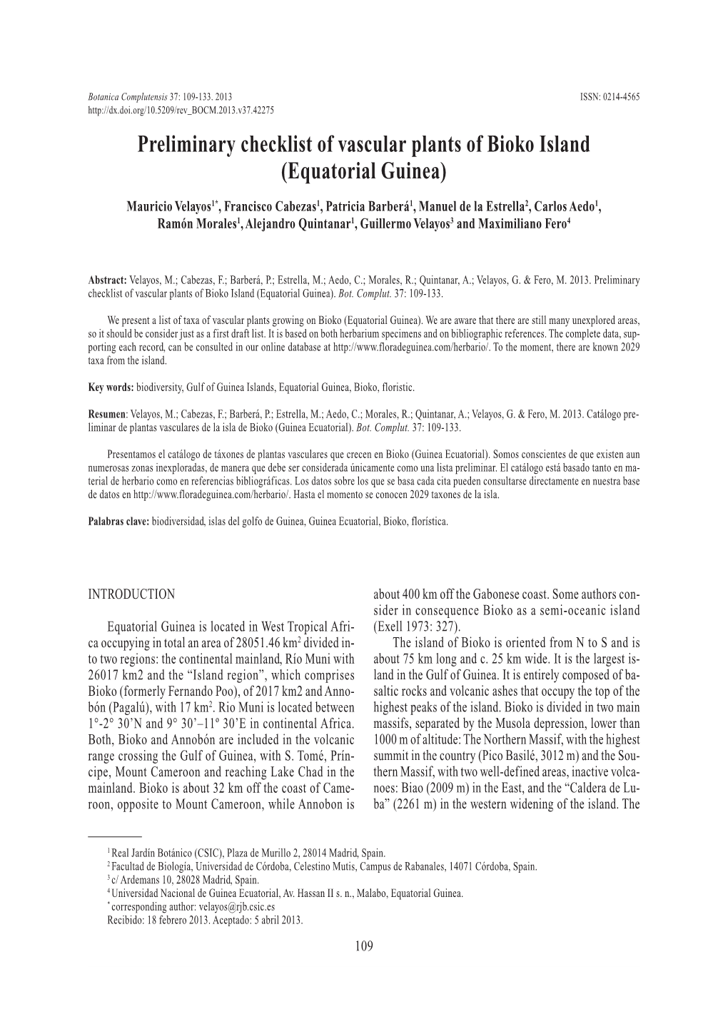 Preliminary Checklist of Vascular Plants of Bioko Island (Equatorial Guinea)