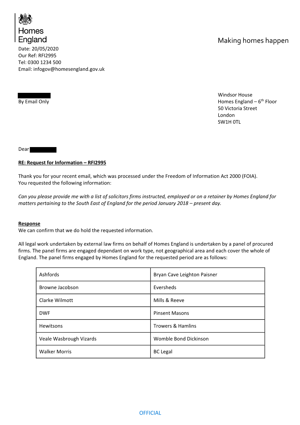 RFI2995 Tel: 0300 1234 500 Email: Infogov@Homesengland.Gov.Uk