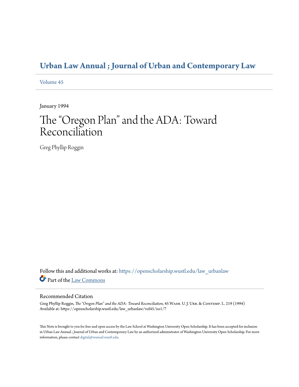 Oregon Plan” and the ADA: Toward Reconciliation, 45 Wash