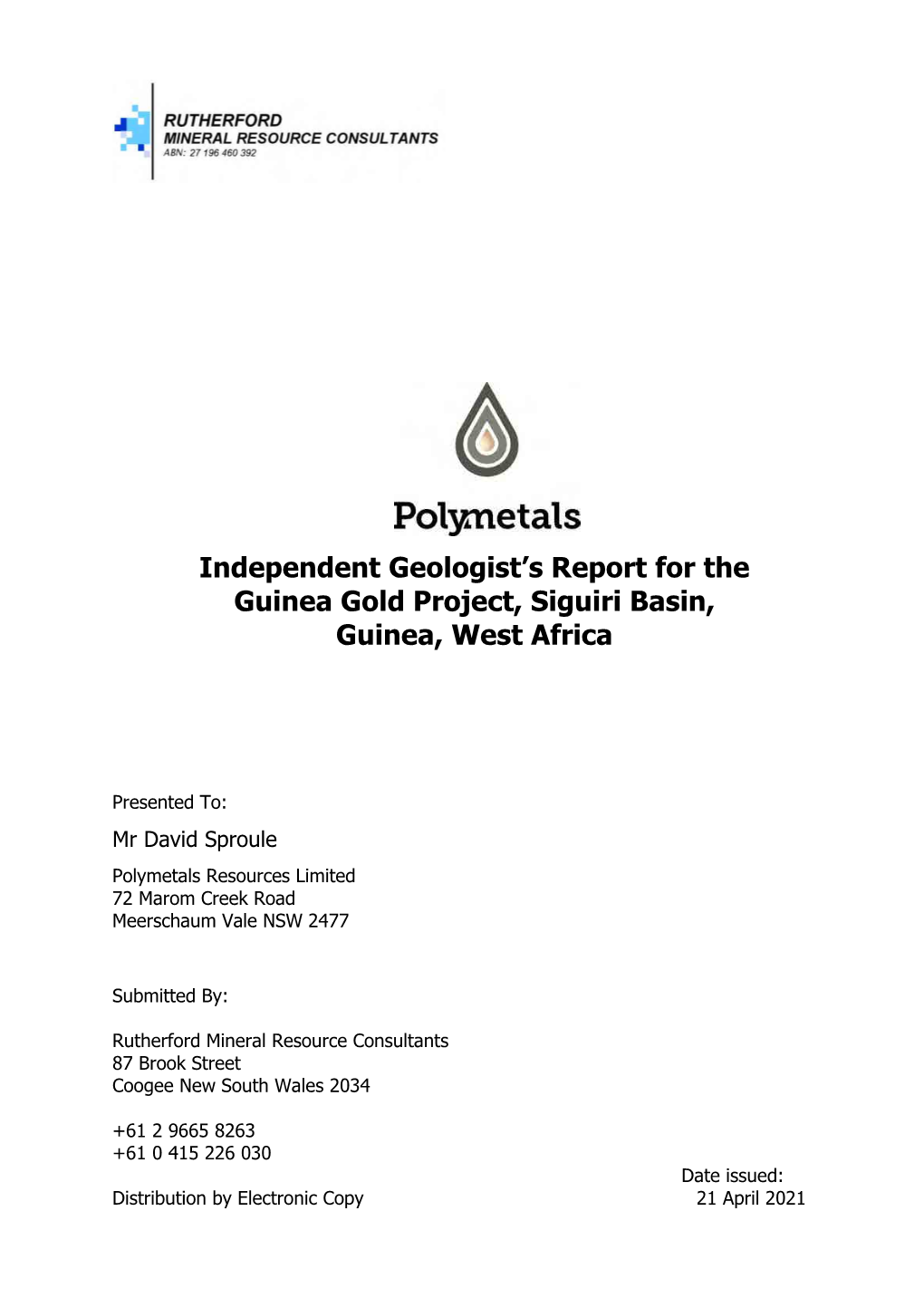 Independent Geologist's Report for the Guinea Gold Project, Siguiri Basin
