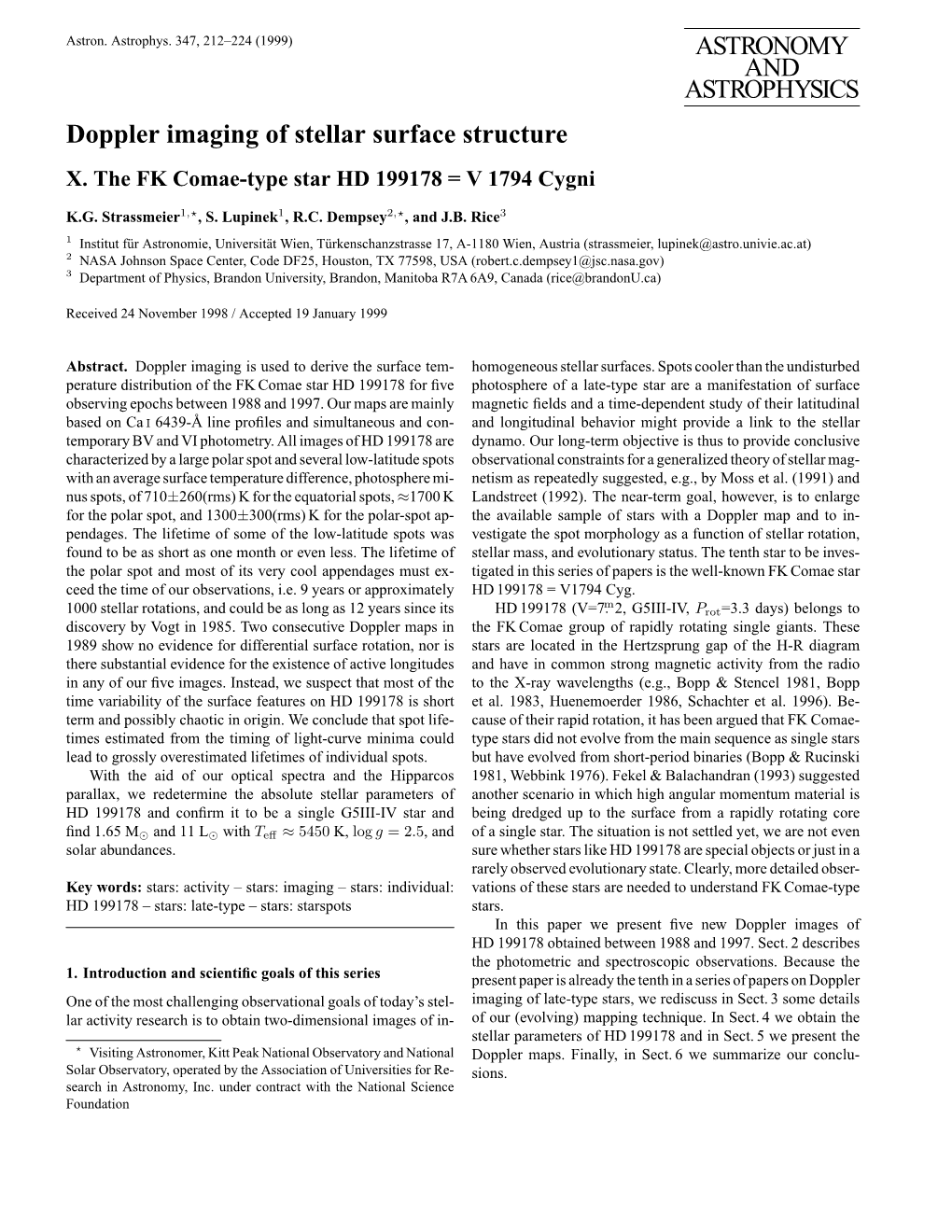 ASTRONOMY and ASTROPHYSICS Doppler Imaging of Stellar Surface Structure X