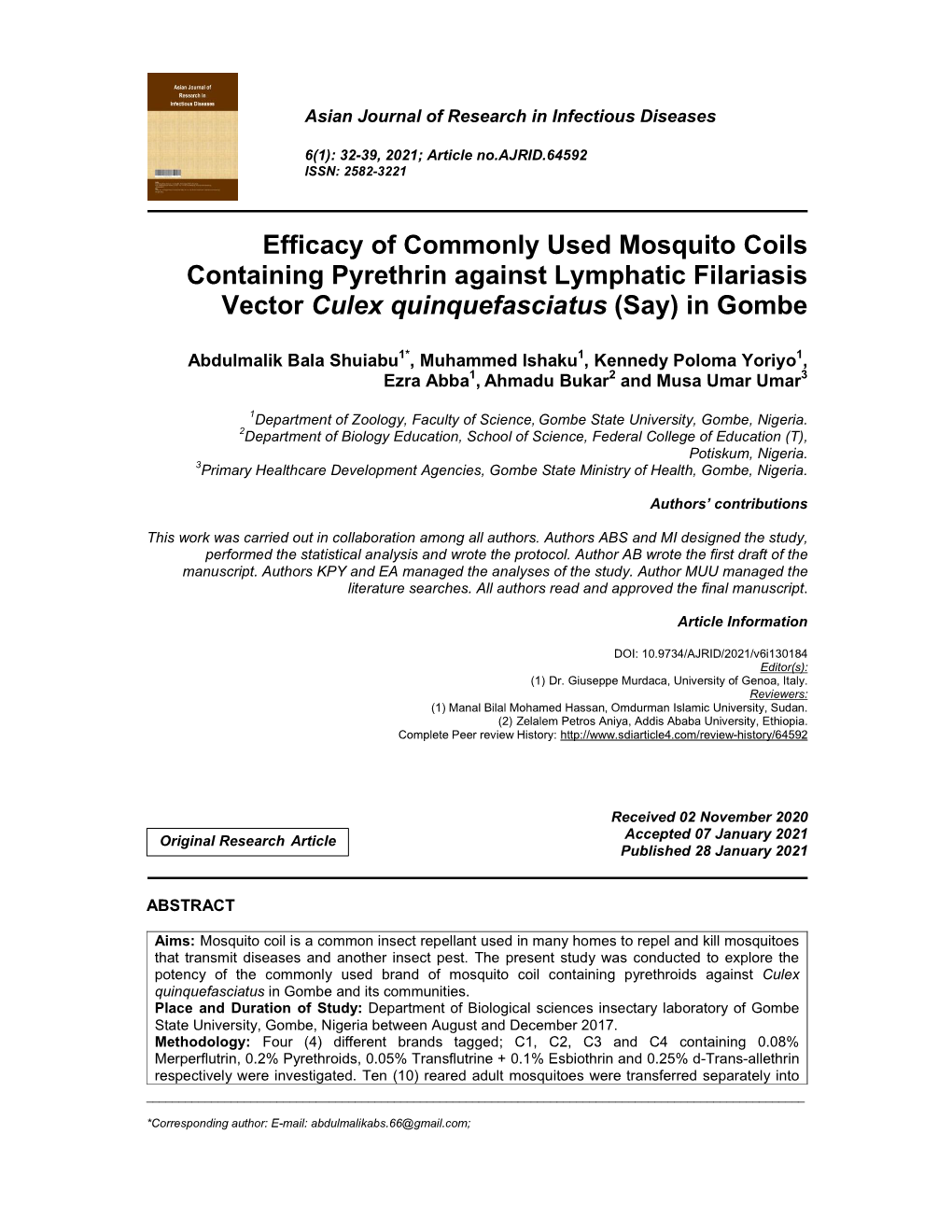 Efficacy of Commonly Used Mosquito Coils Containing Pyrethrin Against Lymphatic Filariasis Vector Culex Quinquefasciatus (Say) in Gombe