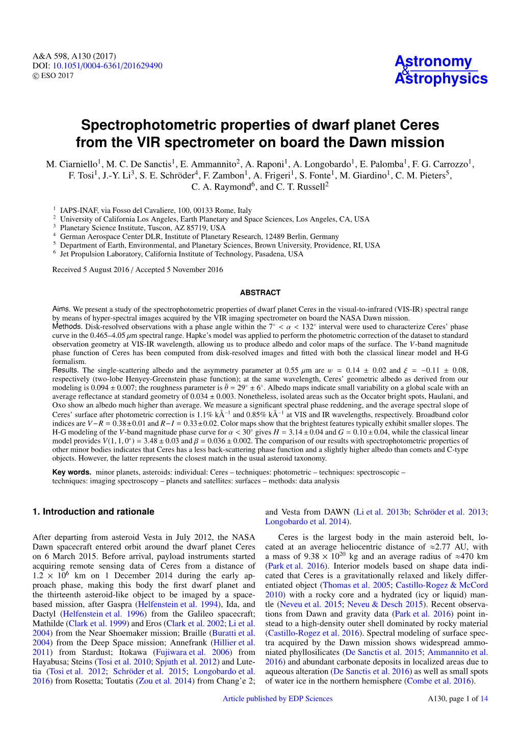 Spectrophotometric Properties of Dwarf Planet Ceres from the VIR Spectrometer on Board the Dawn Mission M