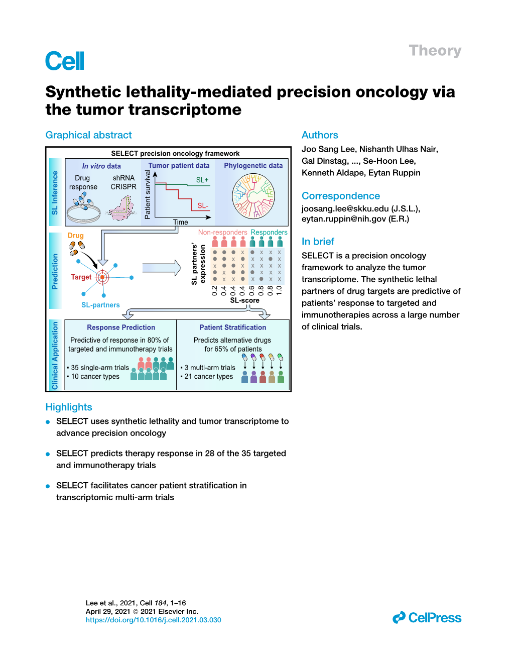 Synthetic Lethality-Mediated Precision Oncology Via the Tumor Transcriptome