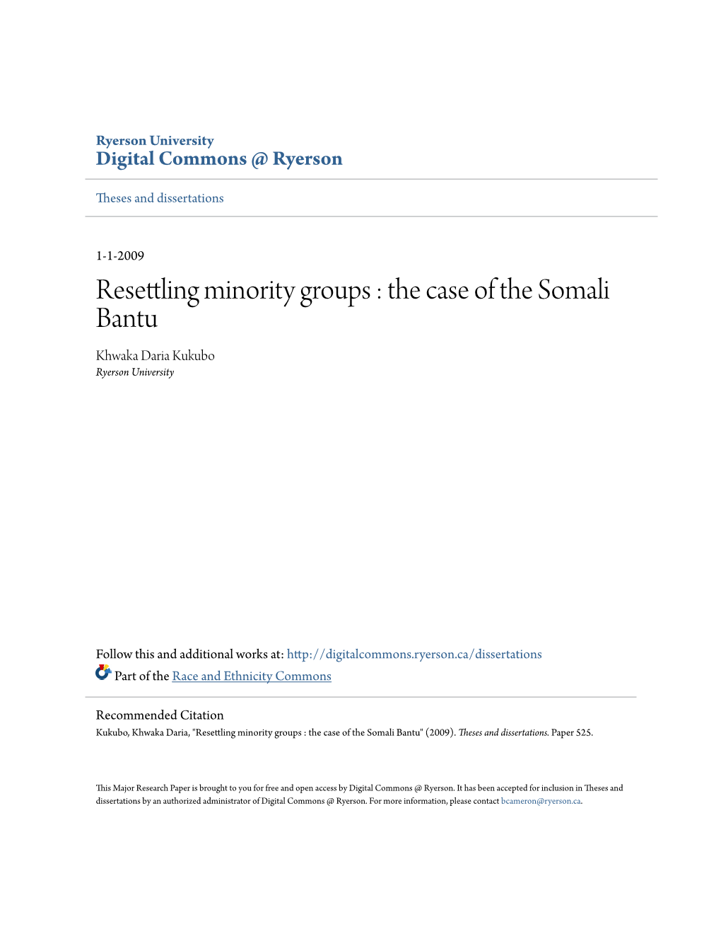 The Case of the Somali Bantu Khwaka Daria Kukubo Ryerson University
