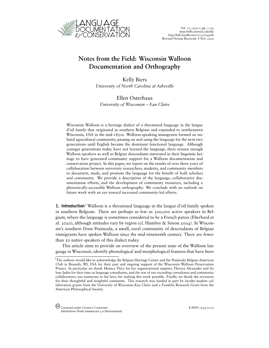 Wisconsin Walloon Documentation and Orthography