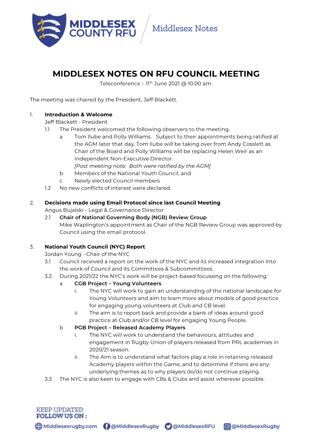 MIDDLESEX NOTES on RFU COUNCIL MEETING Teleconference – 11Th June 2021 @ 10.00 Am