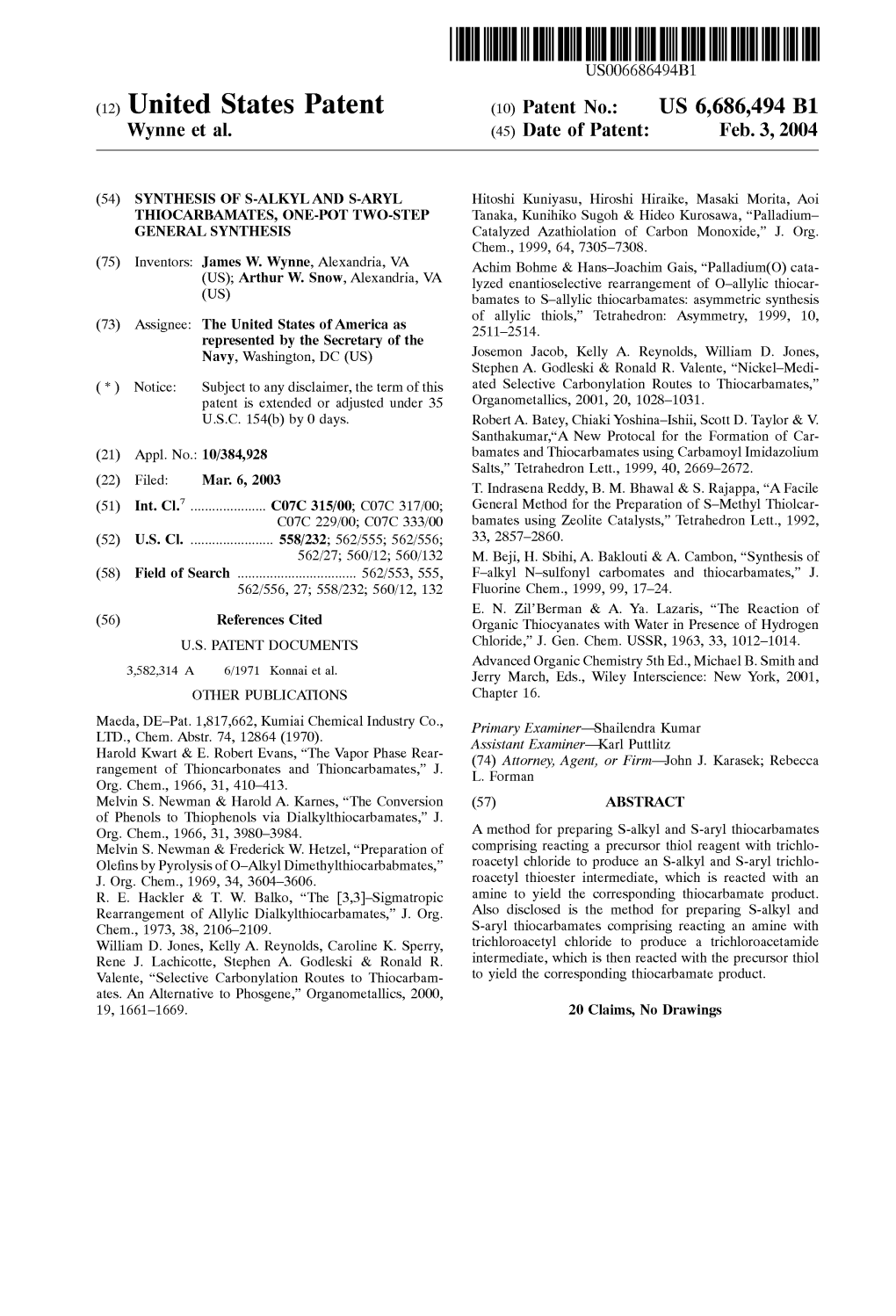 (12) United States Patent (10) Patent No.: US 6,686,494 B1 Wynne Et Al