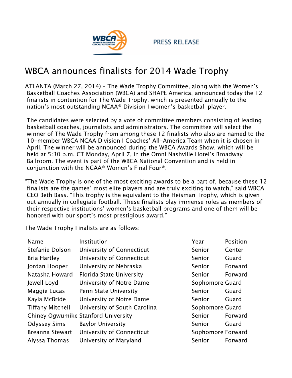 WBCA Announces Finalists for 2014 Wade Trophy 2013-14 032714