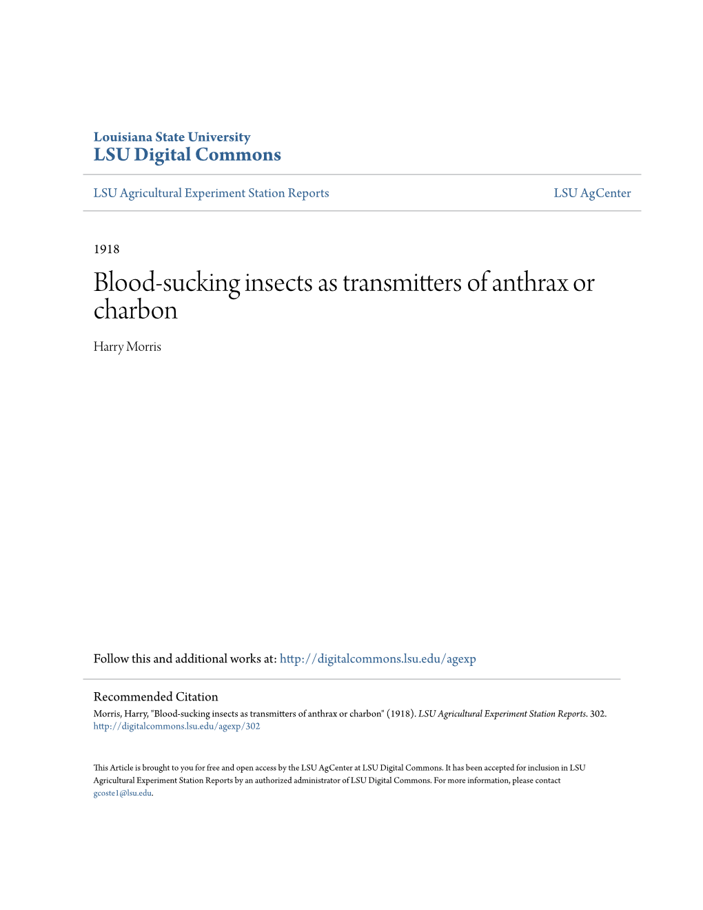 Blood-Sucking Insects As Transmitters of Anthrax Or Charbon Harry Morris