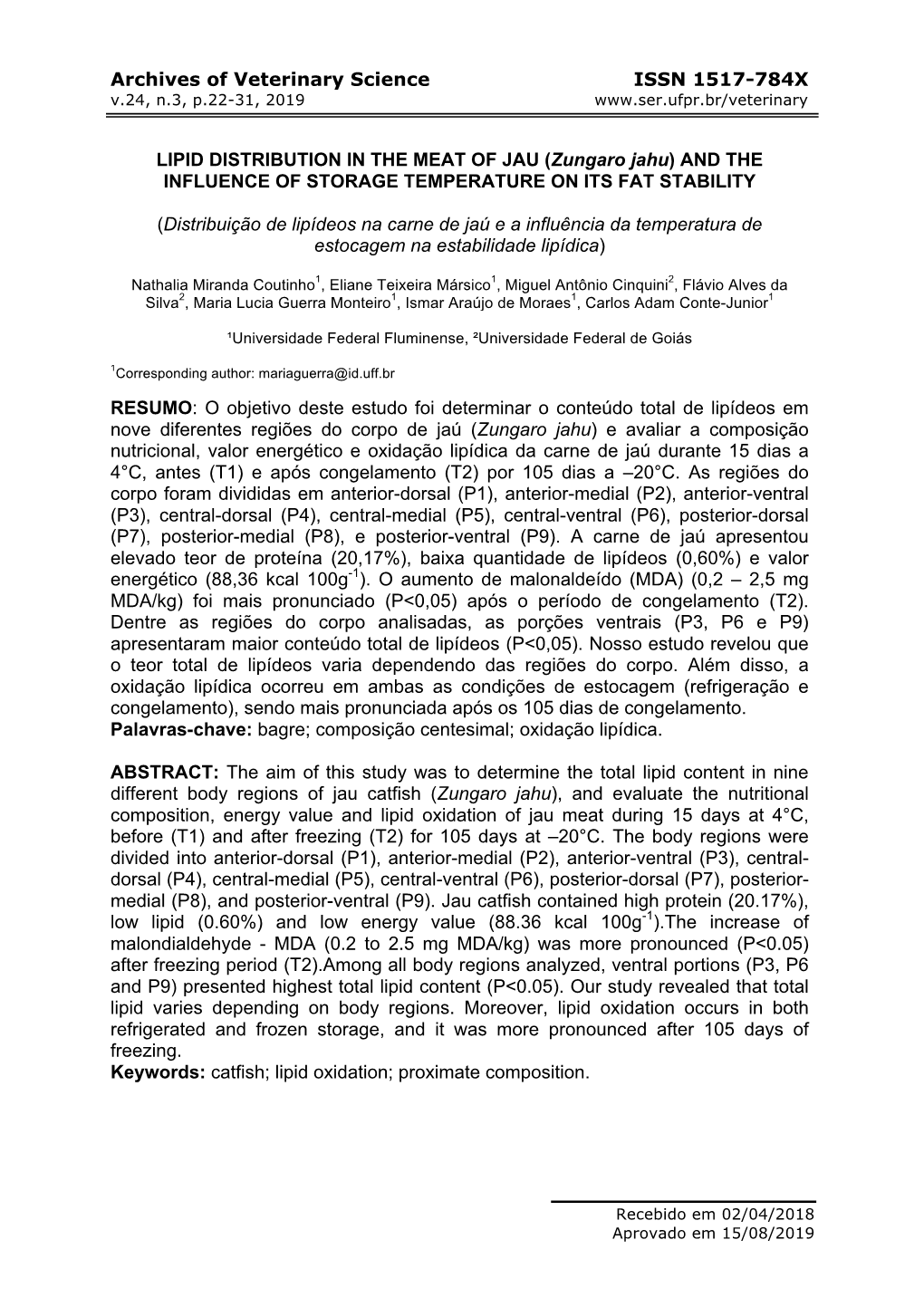 Archives of Veterinary Science ISSN 1517-784X LIPID DISTRIBUTION