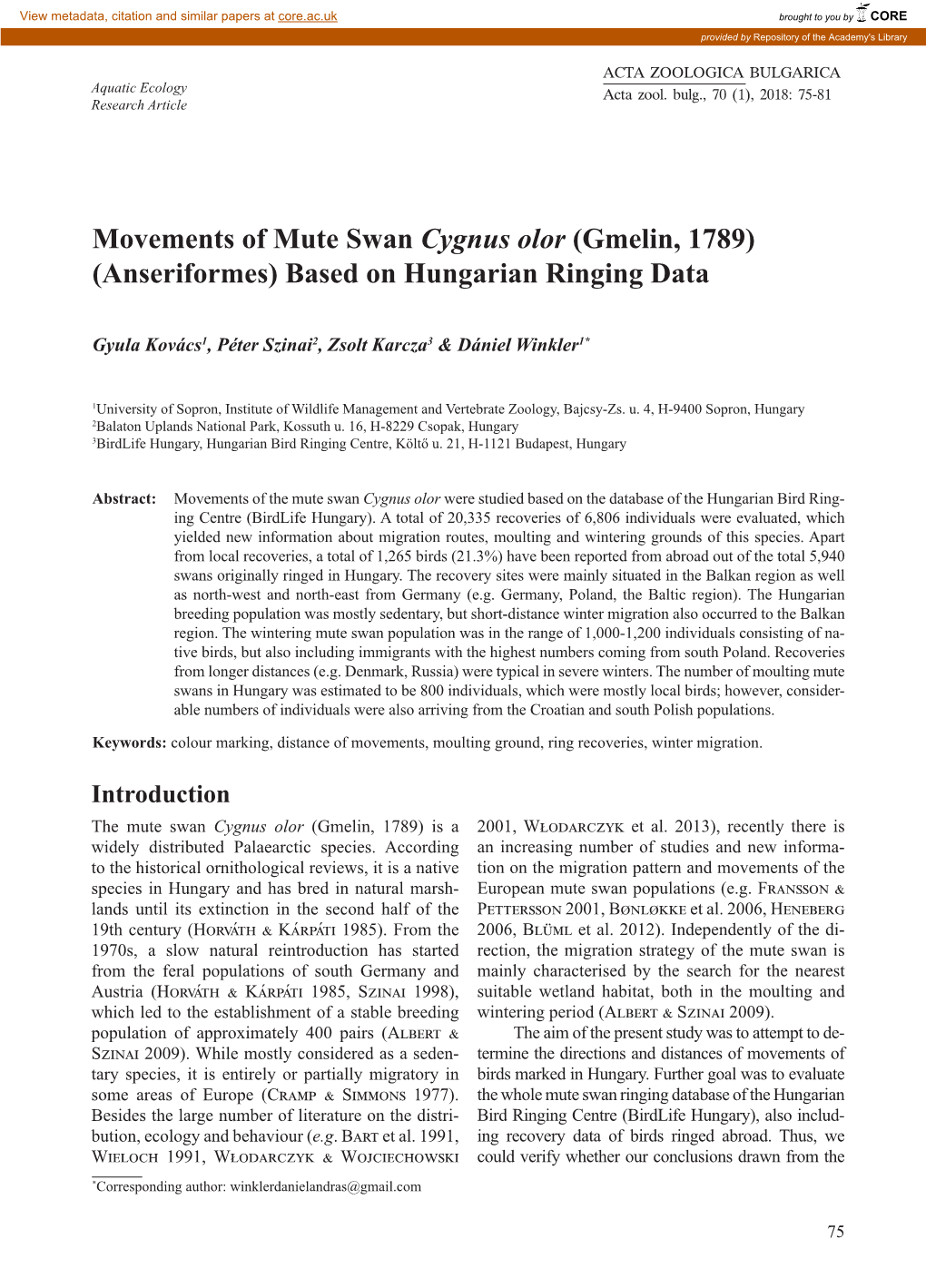 Movements of Mute Swan Cygnus Olor (Gmelin, 1789) (Anseriformes) Based on Hungarian Ringing Data