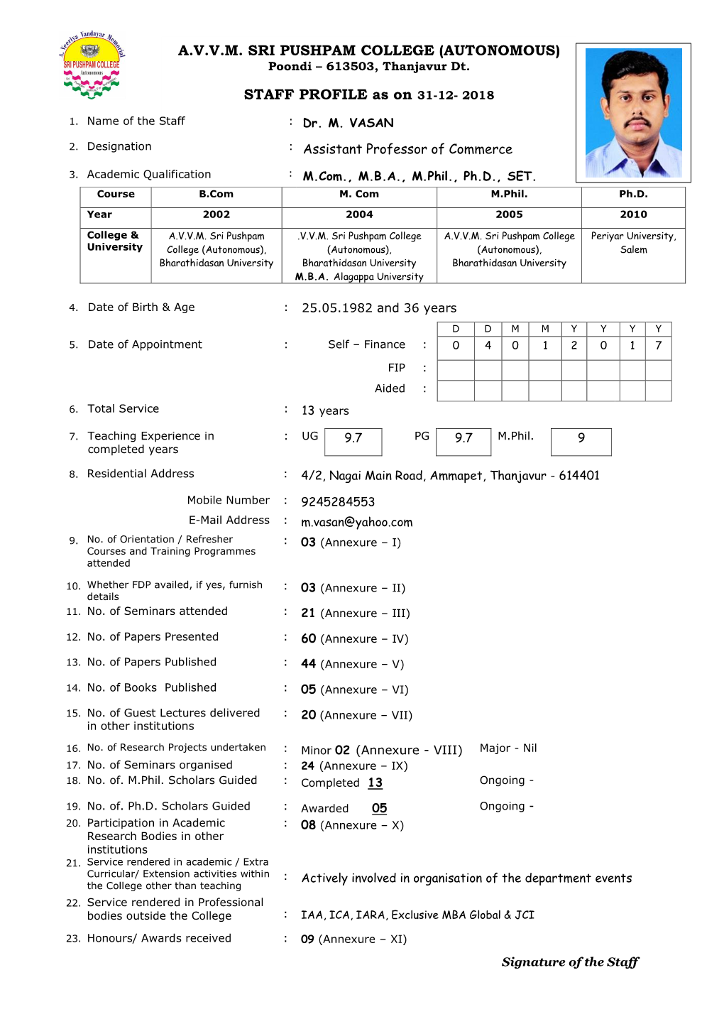 A.V.V.M. Sri Pushpam College (Autonomous) Staff Profile
