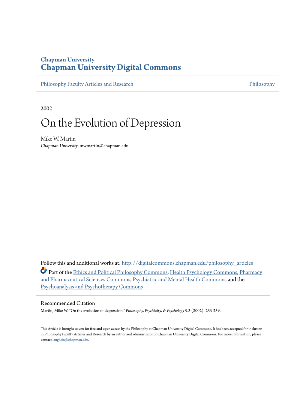 On the Evolution of Depression Mike W