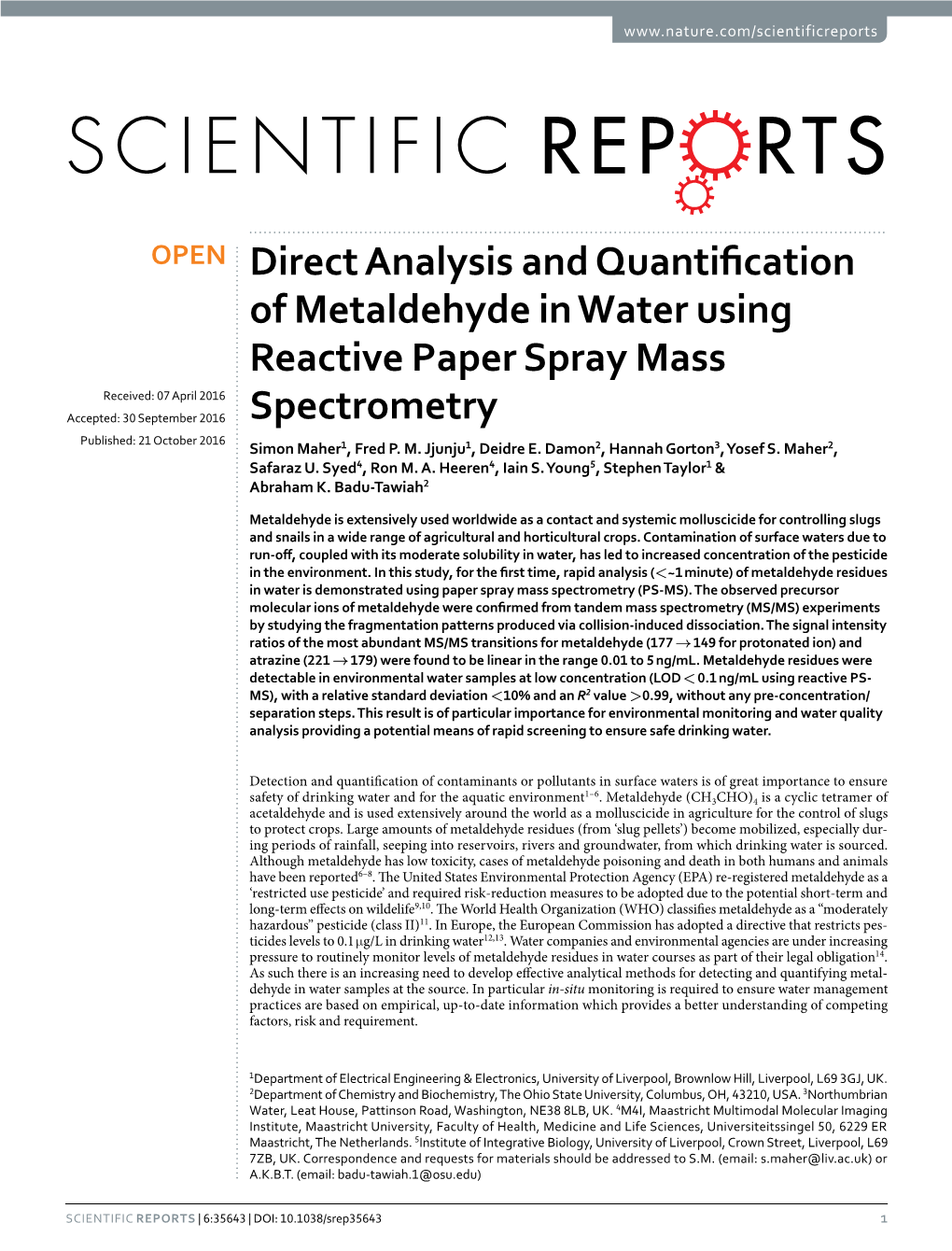 Direct Analysis and Quantification of Metaldehyde In