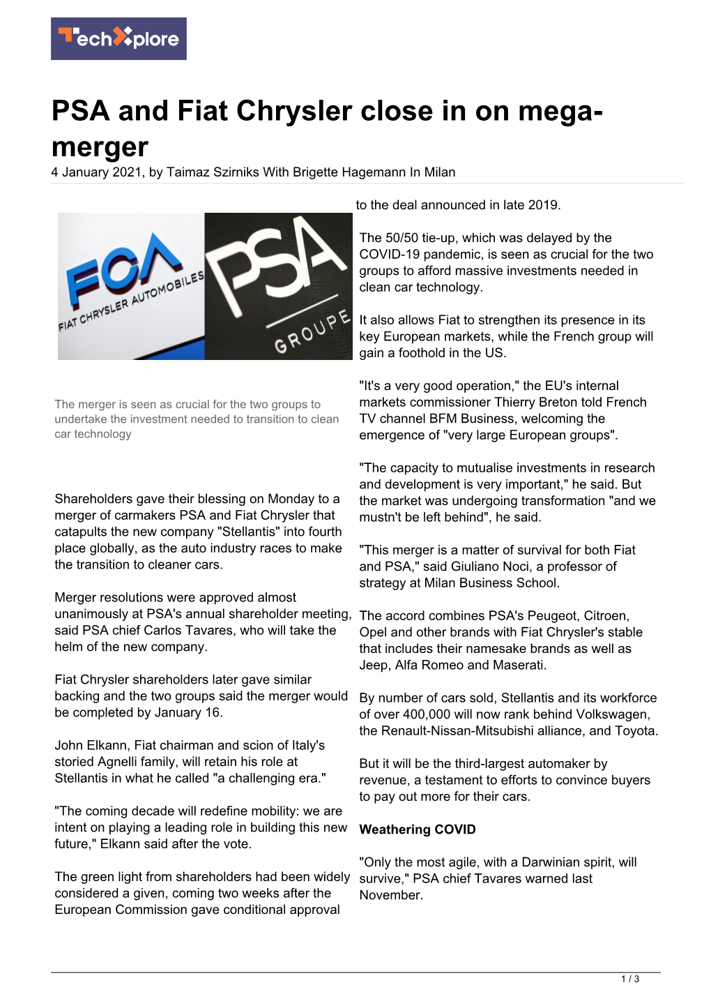 PSA and Fiat Chrysler Close in on Mega-Merger