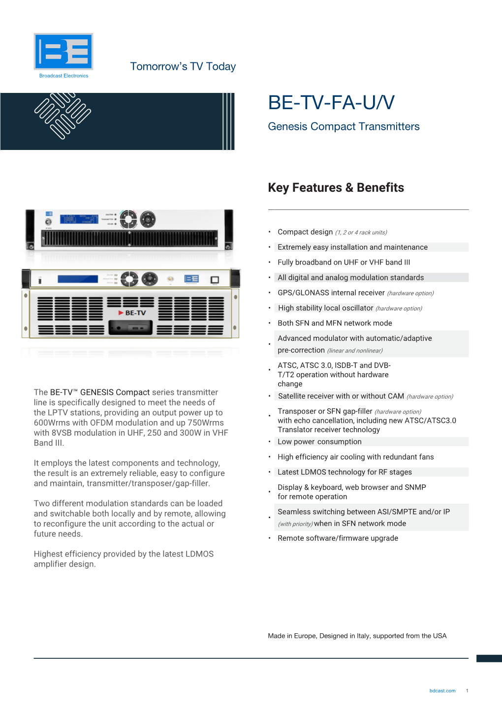 BE-TV-FA-U/V Genesis Compact Transmitters