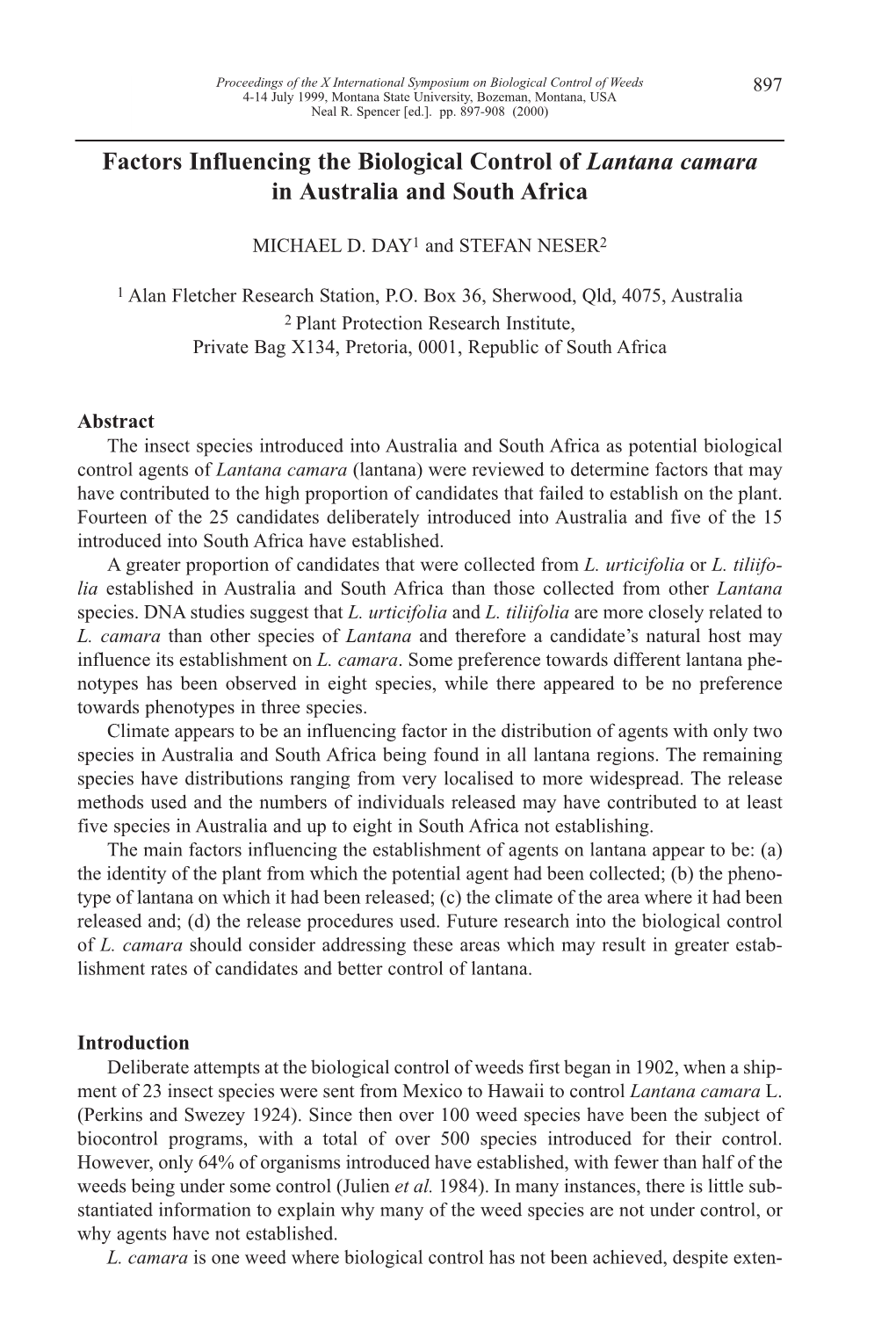 Factors Influencing the Biological Control of Lantana Camara in Australia and South Africa