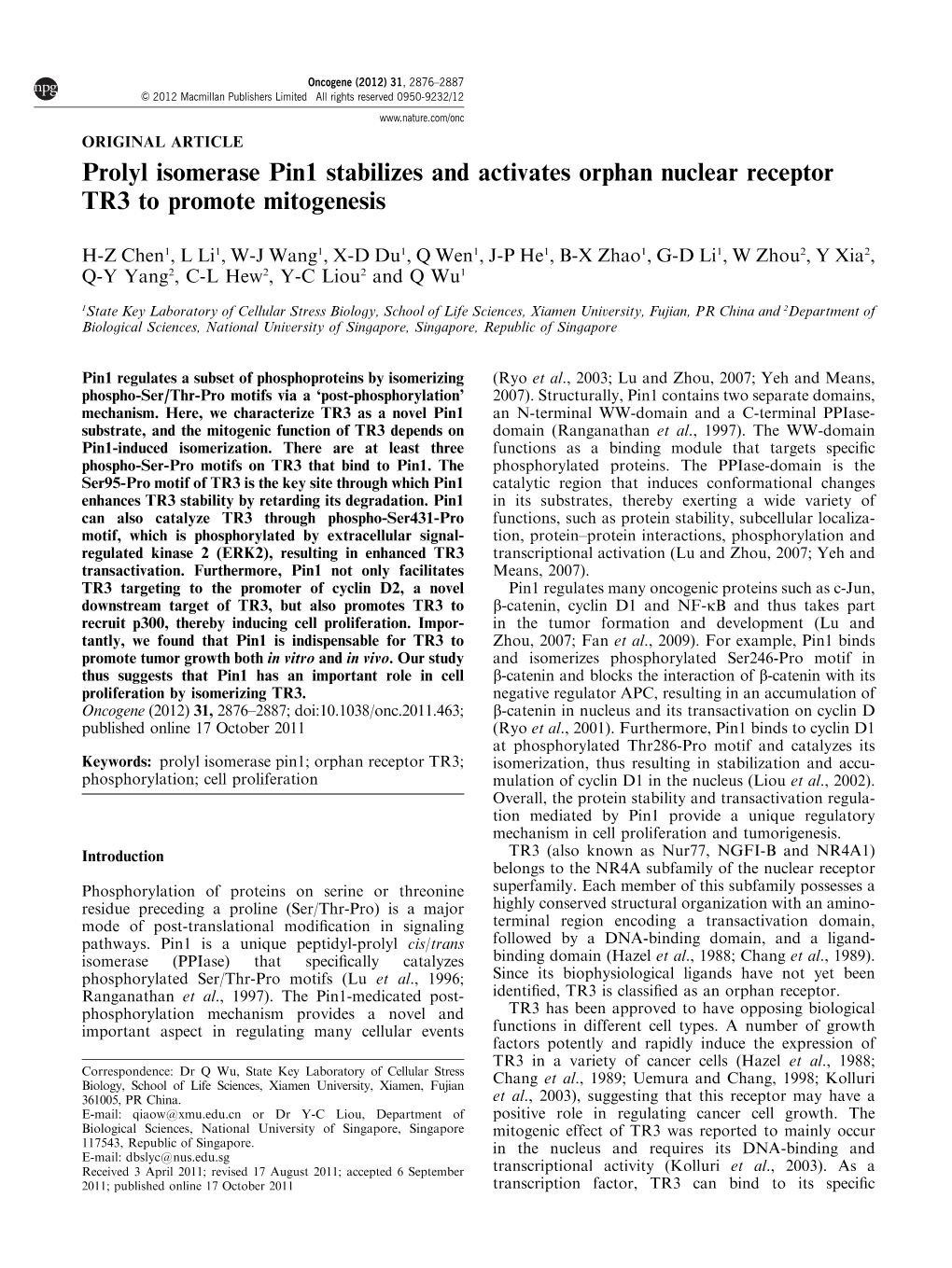 Prolyl Isomerase Pin1 Stabilizes and Activates Orphan Nuclear Receptor TR3 to Promote Mitogenesis