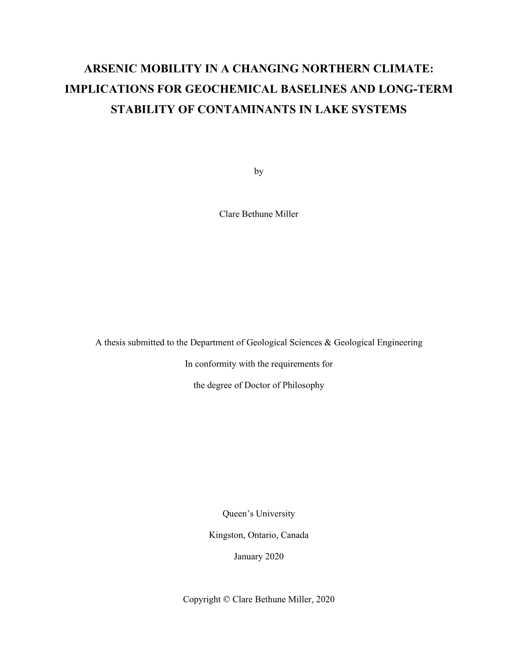 Arsenic Mobility in a Changing Northern Climate: Implications for Geochemical Baselines and Long-Term Stability of Contaminants in Lake Systems