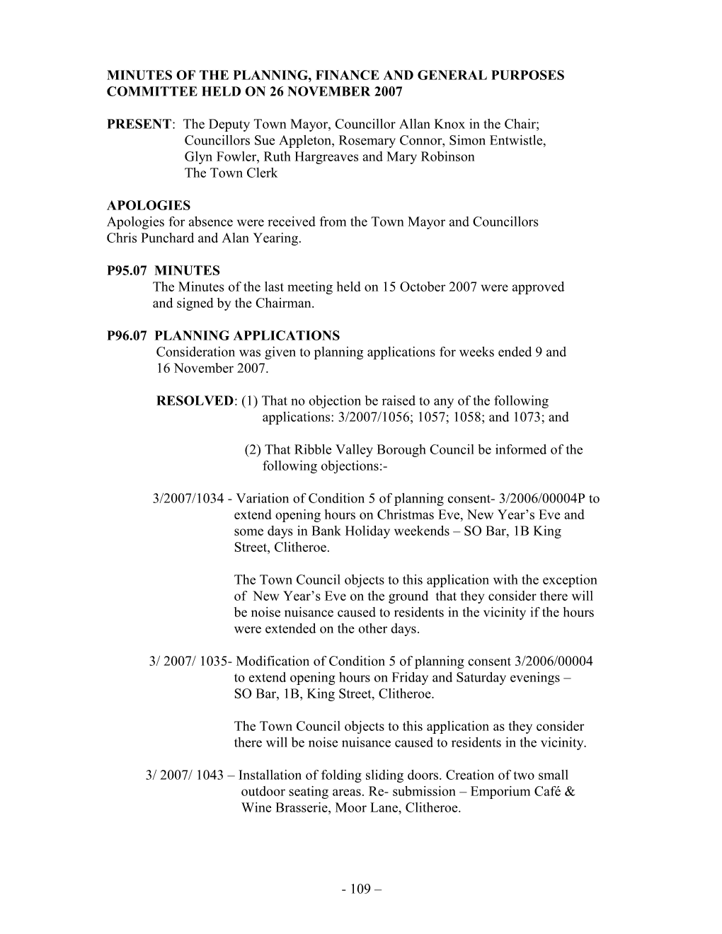 Minutes of the Planning, Finance and General Purposes Committee Held on 26 November 2007