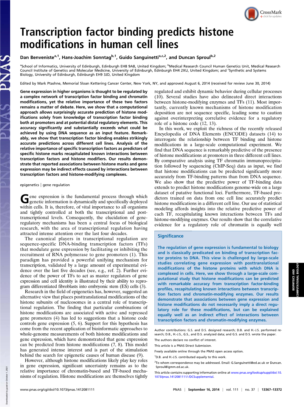 Transcription Factor Binding Predicts Histone Modifications in Human Cell Lines