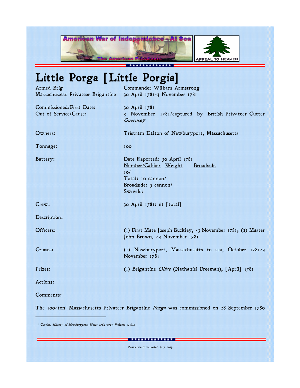 Little Porga [ Little Porgia ] Armed Brig Commander William Armstrong Massachusetts Privateer Brigantine 30 April 1781-3 November 1781