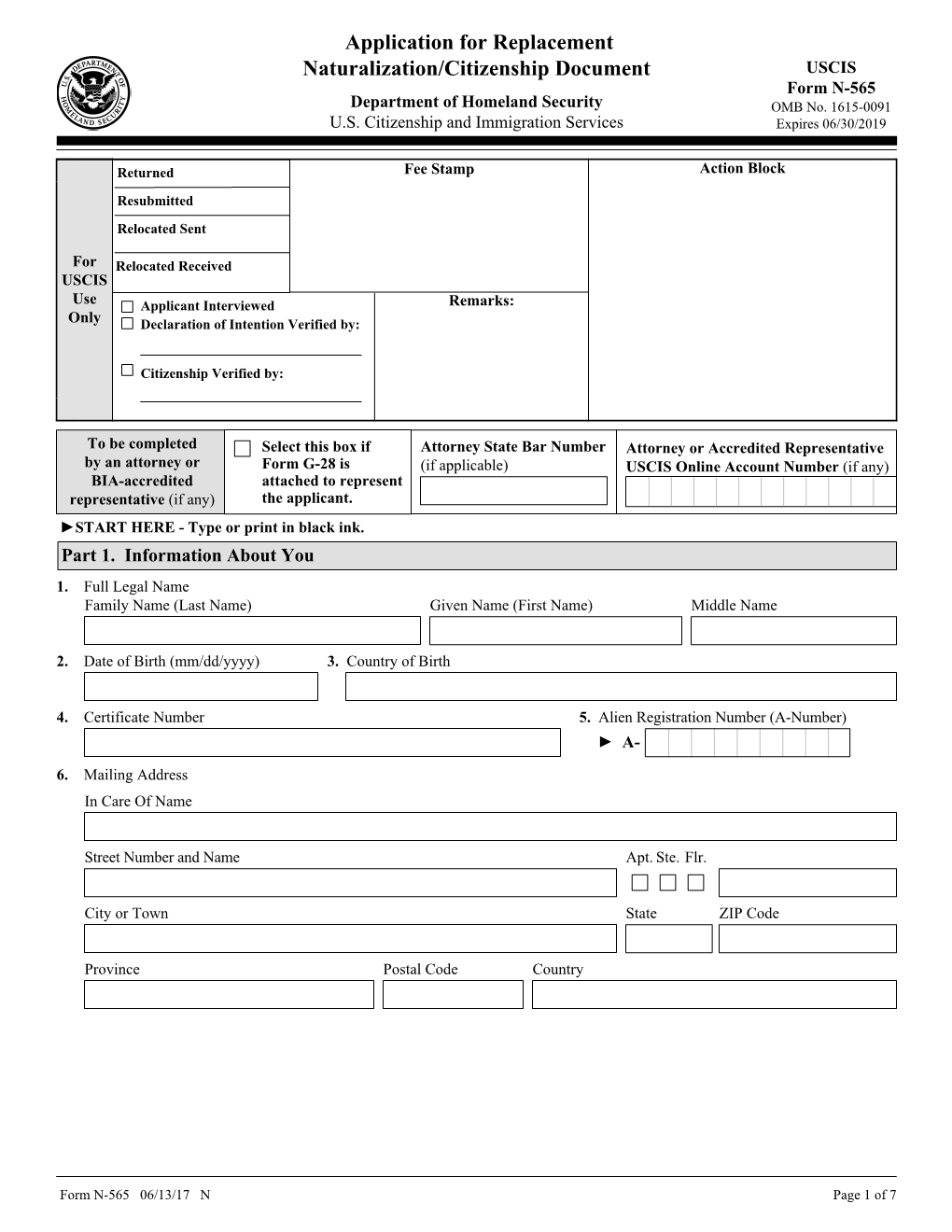 Application for Replacement Naturalization/Citizenship Document USCIS Form N-565 Department of Homeland Security OMB No