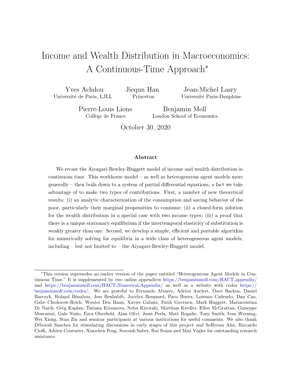 Income and Wealth Distribution in Macroeconomics: a Continuous-Time Approach∗