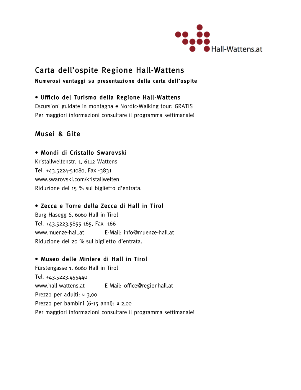 Carta Dell'ospite Regione Hall-Wattens