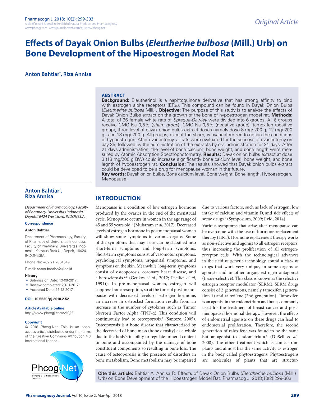 Effects of Dayak Onion Bulbs (Eleutherine Bulbosa (Mill.) Urb) on Bone Development of the Hipoestrogen Model Rat