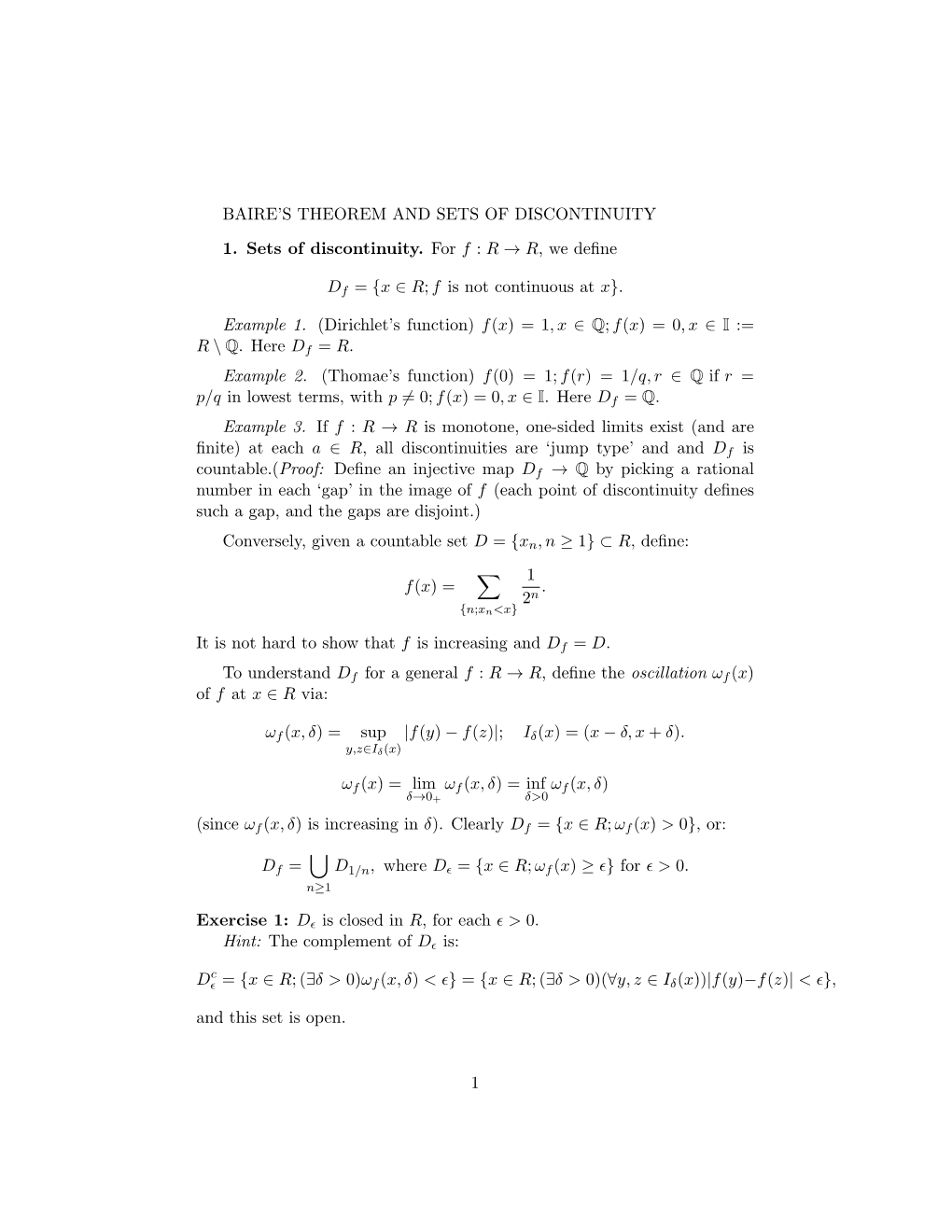Baire's Theorem and Sets of Discontinuity