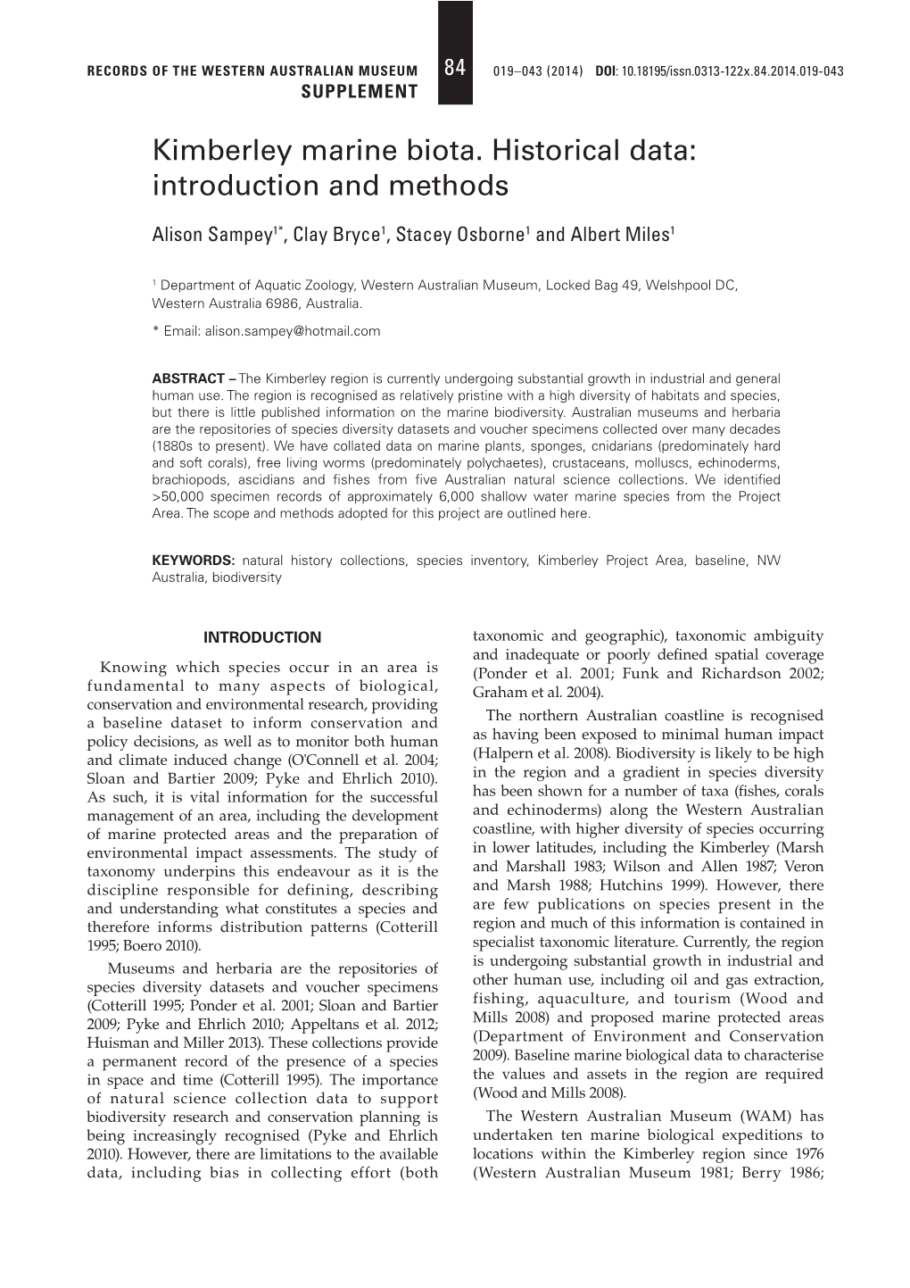 Kimberley Marine Biota. Historical Data: Introduction and Methods